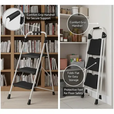 Escabeau pliant noir à 3 marches – image 2
